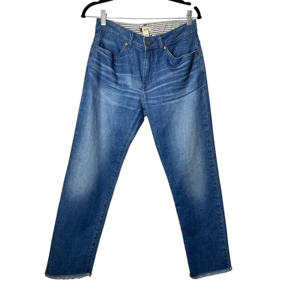 Roxy NEW Straight Jeans Womens Size 26 Raw Fray Hem Whiskering Stretch